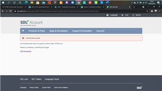 Screenshot of Trados Studio error message on SDL Account page, stating 'An error has occurred while updating the page. Please try again later.' with a red error box.
