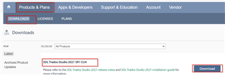 SDL account page with 'Products & Plans' highlighted, showing 'DOWNLOADS' and 'LICENSES' tabs. Trados Studio 2021 SR1 download option with 'Download' button.