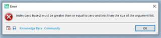 Error dialog box with message: 'Index zero based must be greater than or equal to zero and less than the size of the argument list.' with OK button.