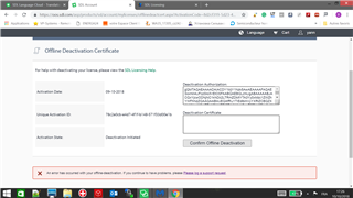 Screenshot of Trados Studio Offline Deactivation Certificate page with an error message stating 'An error has occurred with your offline deactivation. If you continue to have a problem, please log a support request.'