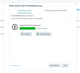 Trados Studio 2021 Product Activation window with two options: 'Activate' and 'Purchase License'. The 'Purchase License' button is highlighted.