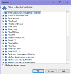 Trados Studio Plugins window showing a list of plugins with checkboxes, including Antidote, Excel, and Word plugins among others.