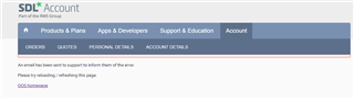 SDL Account webpage with an error message stating 'An error has been sent to support to inform them of the issue. Please try reloading or refreshing this page.' with a 'GO BACK' button.