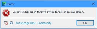 Error dialog box in Trados Studio with a red cross symbol, stating 'Exception has been thrown by the target of an invocation.' with Knowledge Base and Community buttons and an OK button.