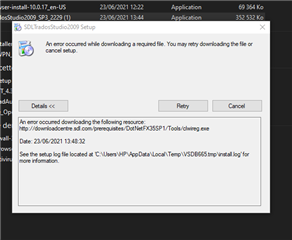 Error message during Trados Studio 2009 installation stating 'An error occurred while downloading a required file.' with options to Retry or Cancel setup.