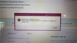 Error dialog box over Trados Studio 2019 webpage stating 'Fatal error during installation. The Microsoft .NET Framework 4.7.1 could not be installed. (Error number: 5100).'