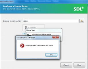 Product Activation error message stating 'No more seats available on this server' during the connection to license server process.