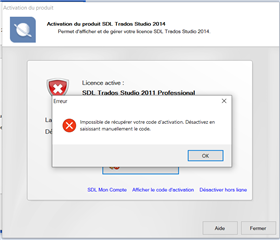 Error message popup saying 'Unable to retrieve your activation code. Deactivate by manually entering the code.' with an OK button.