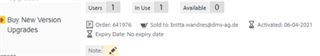 Trados Studio customer account screenshot showing 1 user, 1 in use, 0 available, with an order number, sold to email, and activated date displayed. Expiry date is missing.