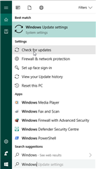 Screenshot of Windows Update settings menu with options for checking for updates, firewall & network protection, and viewing update history.