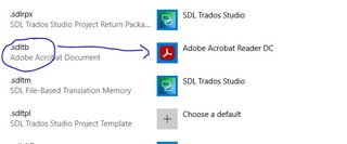 Screenshot showing file associations, with '.sdltb' file type incorrectly set to open with Adobe Acrobat Reader DC instead of SDL Trados Studio.