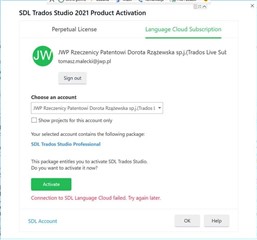 Error message in Trados Studio 2021 Product Activation window saying 'Connection to SDL Language Cloud failed. Try again later.' with an OK button.