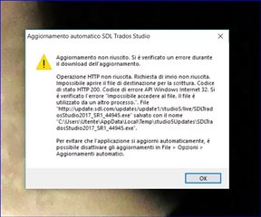 Error message in Italian on SDL Trados Studio update stating automatic update failed due to inability to access file, with HTTP 200 status and Windows Internet API error code 32.