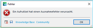 Error message dialog box in Trados Studio stating 'Ein Aufrufziel hat einen Ausnahmefehler verursacht.' with options for Knowledge Base and Community.