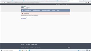 Screenshot of Trados Studio showing an error message 'An error occurred while trying to log in' on the SDL Account login page.