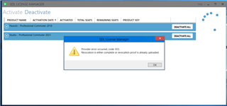 Trados Studio activation error message stating 'Activation error: activation code (E01). Activation is either complete or activation period is already expired.' with an OK button.