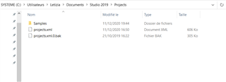 Screenshot of Trados Studio 2019 Projects folder showing three items: 'Samples' folder, 'project.xml' XML document, and 'projects.xml.bak' BAK file. No projects are visible.