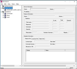 Trados Studio 2019 License Manager window with empty fields under Server Information and no license details displayed.