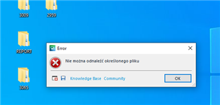 Error dialog box on a computer screen with a message indicating a file cannot be found, with an 'OK' button and a link to the Knowledge Base Community.