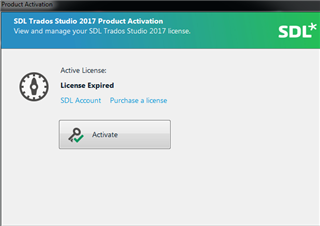 SDL Trados Studio 2017 Product Activation window showing 'License Expired' under Active License with options for SDL Account and Purchase a license, and an Activate button.