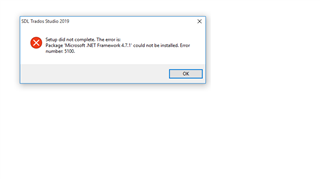 Error message during Trados Studio 2019 installation on Windows 10 stating 'Setup did not complete. The error is: Package Microsoft .NET Framework 4.7.2 could not be installed. Error number: 5100.'