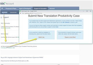 SDL Account support page with options to 'Submit Case' or 'Request License Reset' for Trados Studio.