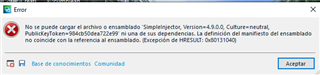 Error message in Trados Studio stating 'Cannot load file or assembly SimpleInjector, Version=4.9.0.0' with HRESULT exception code 0x80131040.