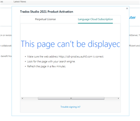 Trados Studio 2021 Product Activation window showing an error message 'This page can't be displayed' with suggestions to check the web address and refresh the page.