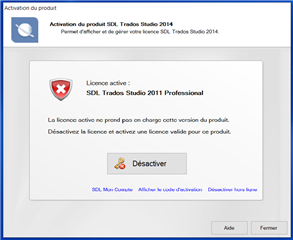 SDL Trados Studio 2014 activation window showing an error for SDL Trados Studio 2011 Professional license not supported and needs to be deactivated.