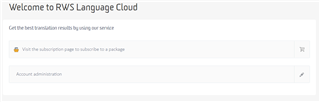 Screenshot of Trados Studio's RWS Language Cloud homepage with a message prompting to visit the subscription page to subscribe to a package and an Account administration option.