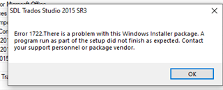 Error message during SDL Trados Studio 2015 installation on Windows 10 showing 'Error 1722. There is a problem with this Windows Installer package.'