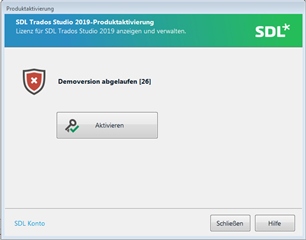 SDL Trados Studio 2019 Product Activation window showing an error message that the demo version has expired with an 'Activate' button.