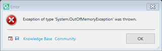 Error dialog box in Trados Studio displaying message: 'Exception of type 'System.OutOfMemoryException' was thrown.' with Knowledge Base and Community buttons and an OK button.