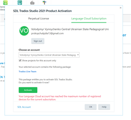 Trados Studio 2021 Product Activation window showing a green checkmark, user email, and a warning message 'Your Language Cloud account has reached the maximum number of registered devices for the current subscription.' with an OK button.