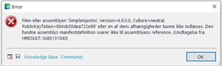 Error message window showing a missing assembly file 'SimpleInjector, Version=4.9.0.0' with options to click 'OK' or visit 'Knowledge Base Community'.