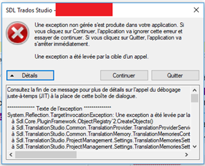 Error message in SDL Trados Studio stating 'The object reference is not set to an instance of the object' with options to Continue, Quit, or View Details.