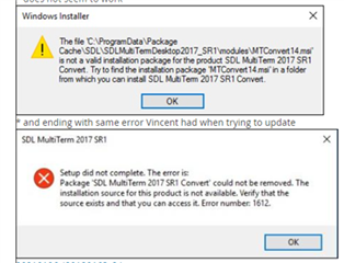 Windows Installer error message stating 'The file C:ProgramDataPackage CacheSDL SDL Trados Studio 2017SR1ModulesMTConvert14.msi is not a valid installation package for the product SDL MultiTerm 2017 SR1 Convert. Update failed.'
