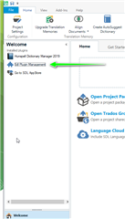 Trados Studio Welcome screen showing menu options including 'Open Project', 'SDL Plugin Management', and 'Language Cloud'.