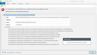 Detailed error message with technical information about the failed connection to the SDL MultiTerm Server, including file paths and error codes.