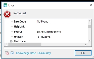 Error dialog box in Trados Studio with a red 'X' icon and the message 'Not found'. Below are details such as ErrorCode: NotFound, Source: System.Management, and HResult: -2146233087. Buttons for Knowledge Base, Community, and OK are visible.