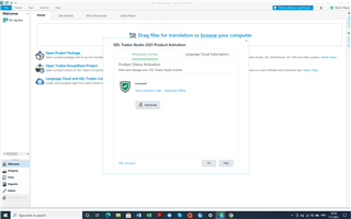 Trados Studio welcome screen with an error message 'No license found' and an 'Activate' button visible.