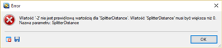 Error message window stating 'Value '2' is not a valid value for property 'SplitterDistance'. Valid values are between '0' and 'N'. Parameter name: SplitterDistance'