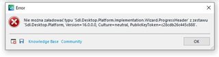 Error popup window titled 'Error' with a message indicating a failure to load 'SDL.Desktop.Platform.Implementation.Wizard.ProgressHeader' from assembly 'SDL.Desktop.Platform, Version=16.0.0.0'. Two buttons are visible: 'Knowledge Base' and 'OK'.