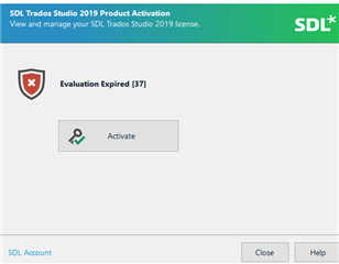 SDL Trados Studio 2019 Product Activation window showing a red 'X' icon and the message 'Evaluation Expired 37' with an 'Activate' button below.
