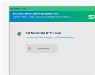 Trados Studio 2019 Product Activation screen showing SDL Trados Studio 2019 Freelance with an offline deactivation warning and a deactivate button.
