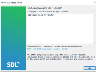 Screenshot of 'About SDL Trados Studio' window showing version 2019 SR2 - 15.2.3.3007 with copyright and license information.