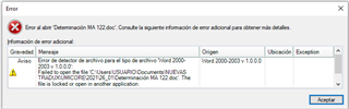 Error dialog box in Trados Studio showing 'Error at Determination MA 122 docx: Consult the following information or error details to obtain more details.' with a file path and message 'The file is locked or open in another application.'