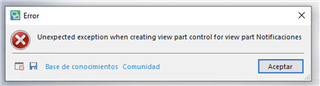 Error dialog box in Trados Studio with a red cross icon, displaying the message 'Unexpected exception when creating view part control for view part Notificaciones'. Buttons for 'Base de conocimientos' and 'Comunidad' are visible, along with an 'Aceptar' button.