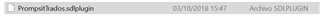 Screenshot showing Trados Studio plugin with missing icon, displaying file name 'PromptsTradossd-plugin' with a timestamp and 'Archivo SDLPLUGIN' label.