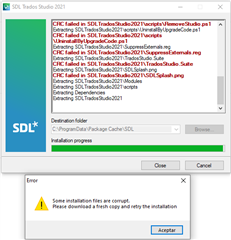 SDL Trados Studio 2021 installation window with error message 'Some installation files are corrupt. Please download a fresh copy and retry the installation.'